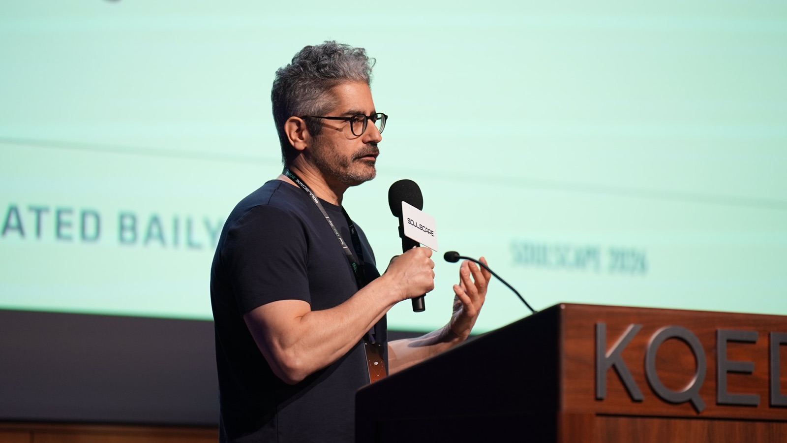 Speaker at the KQED podium during Soulscape 2026